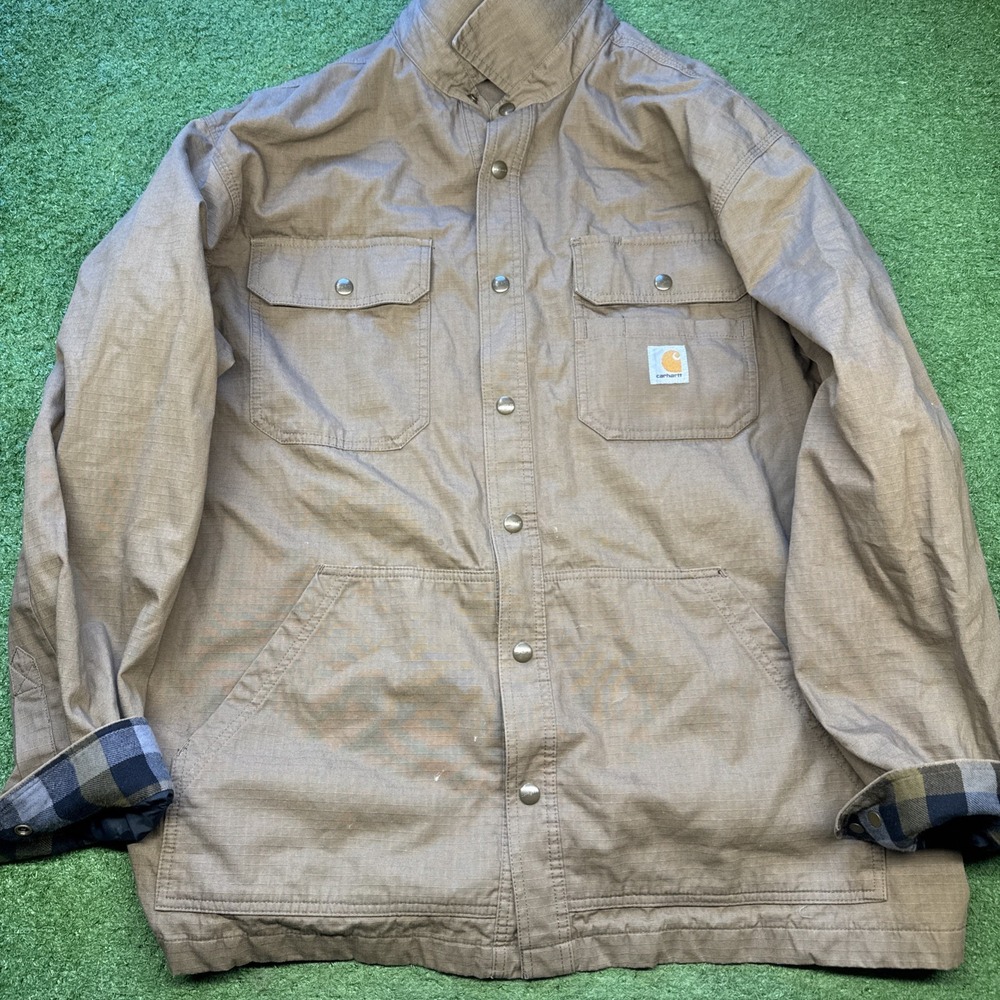 Carhartt Men's XL BrownDuck‎ Canvas Shirt Jacket Plaid Flannel Chore Jacket